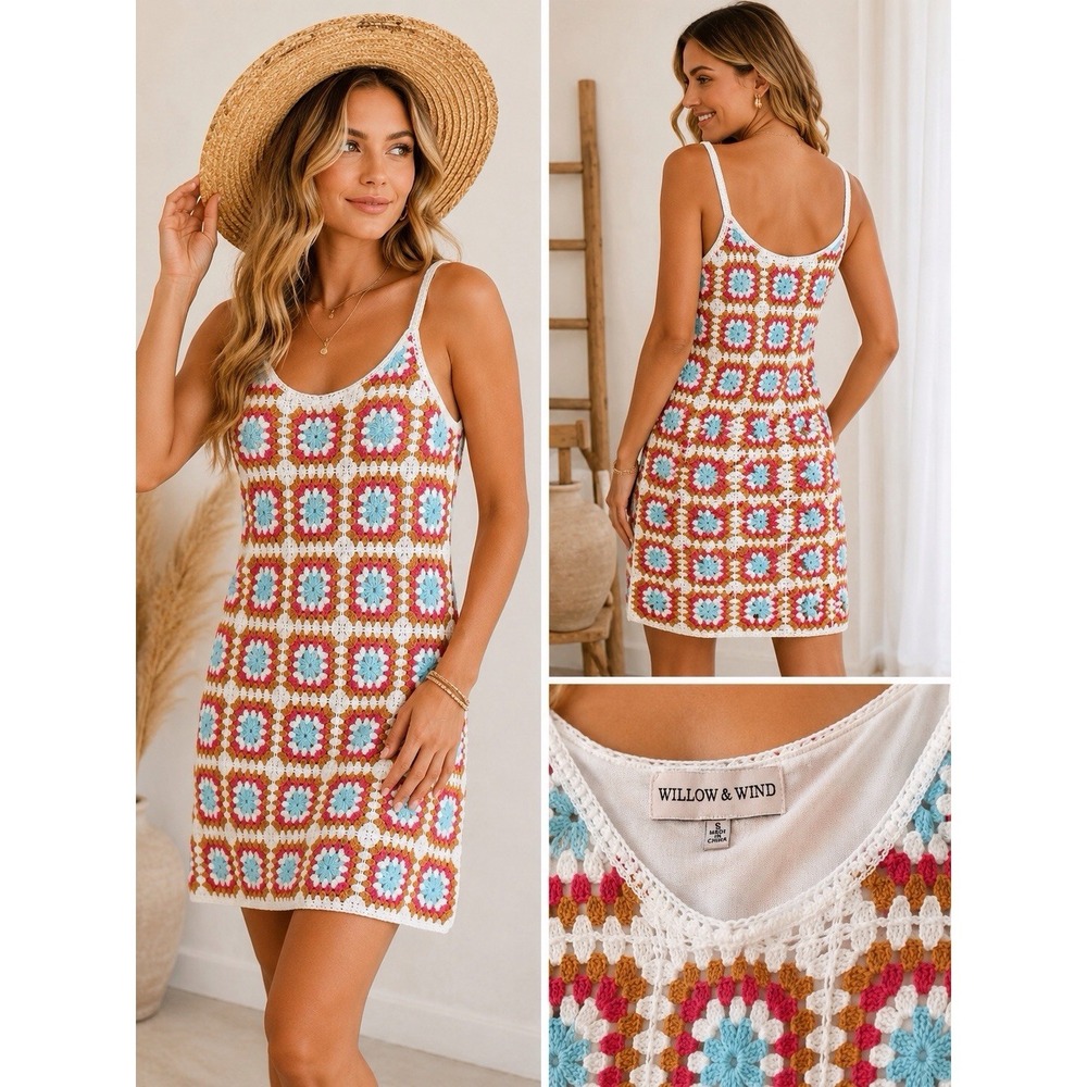 Willow & Wind Women Maxi Dress Small Lined Crochet Striped Boho Knit Cottagecore